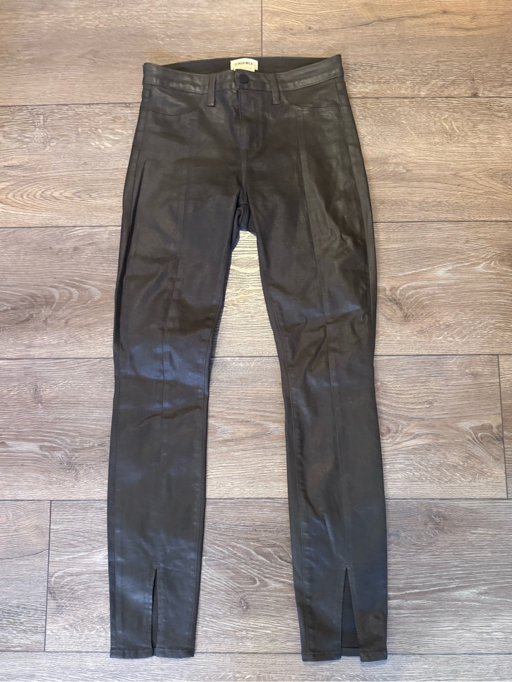 L'AGENCE Jyothi Army Black  Coated High Rise Skinny Jeans Front Split Hem Sz 27